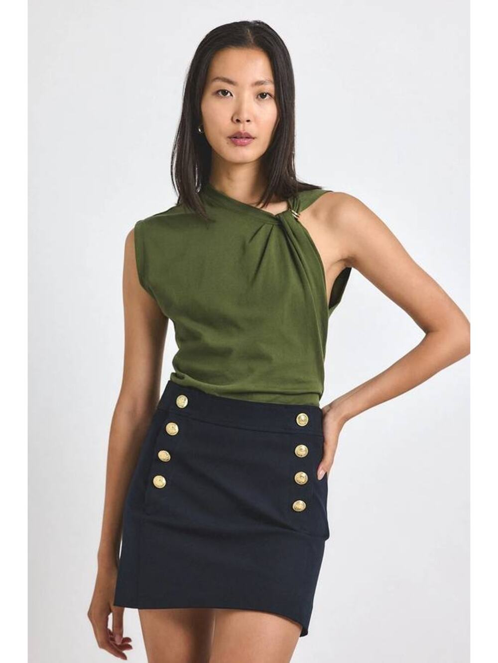 Derek Lam 10 Crosby Nia Asymmetric Embellished Twist Tee in Fatigue XS